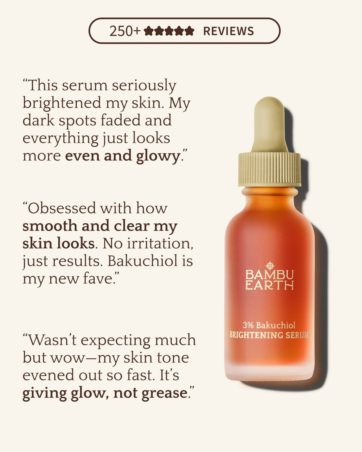 Bambu Earth 3% Bakuchiol Brightening Serum - Bamboo Earth serum bottle with customer reviews on a white background