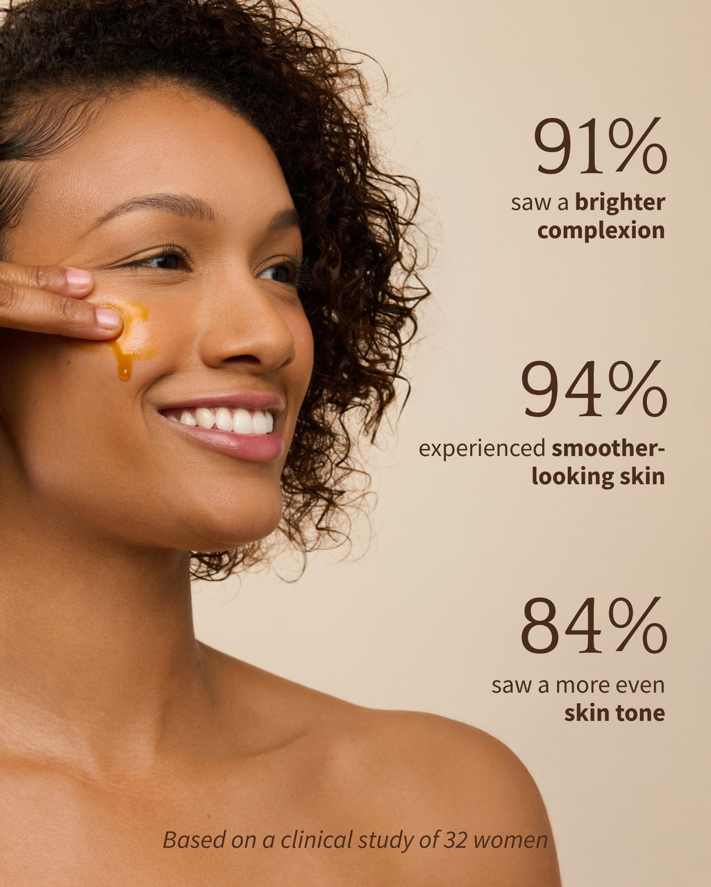 Bambu Earth 3% Bakuchiol Brightening Serum - Woman applying skincare product with statistics on skin improvement on a beige