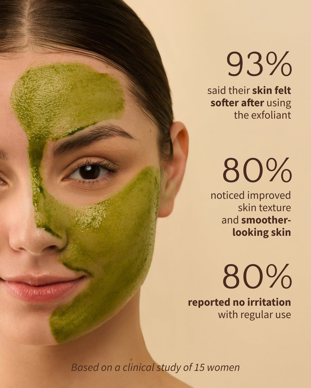 Bambu Earth Bambu + Willow Polishing Mask - Woman applying a green facial mask with statistics on skin benefits on a beige