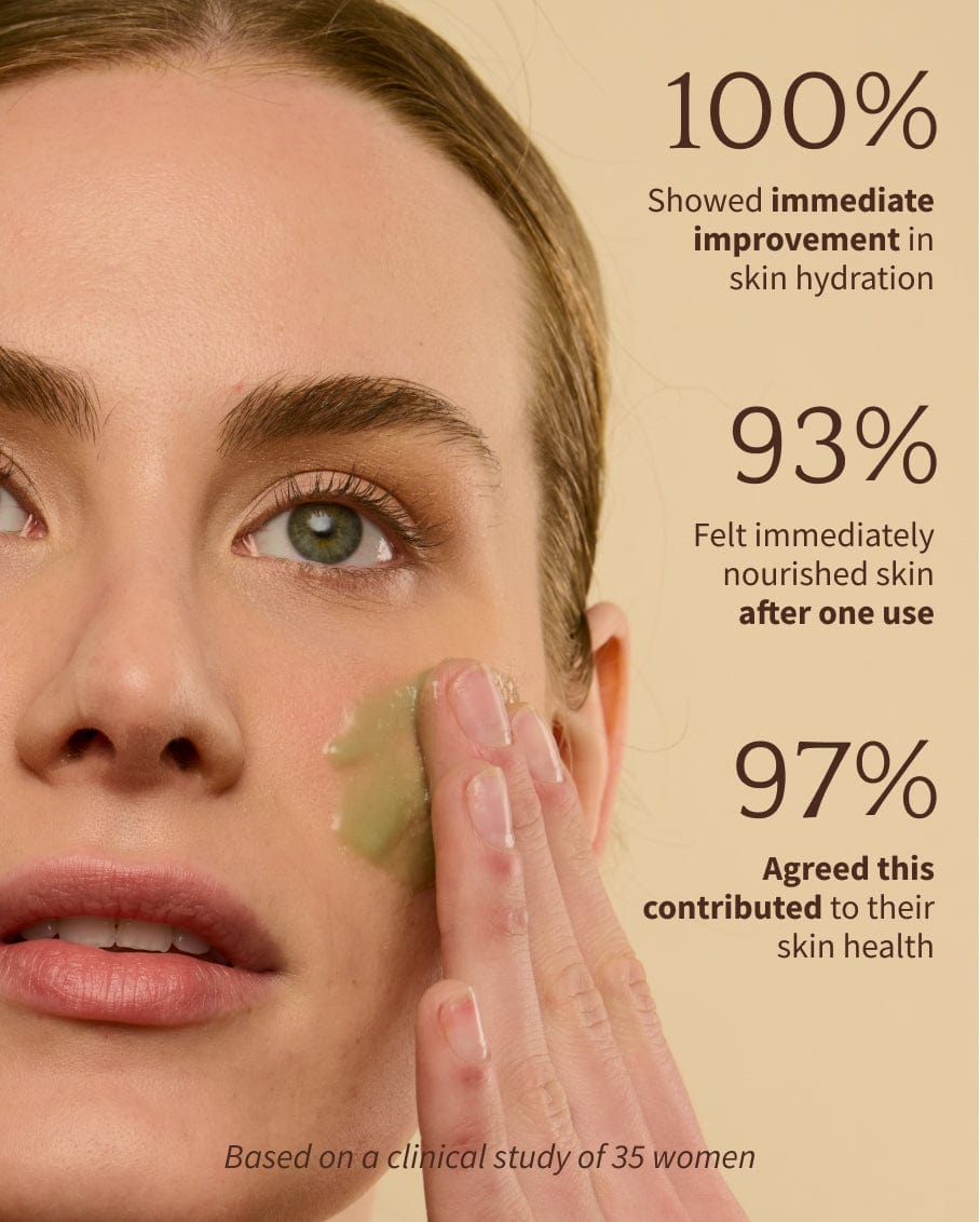 Bambu Earth Intense Hydration Cactus Moisturizer - Woman applying a green facial product with skin hydration statistics on a