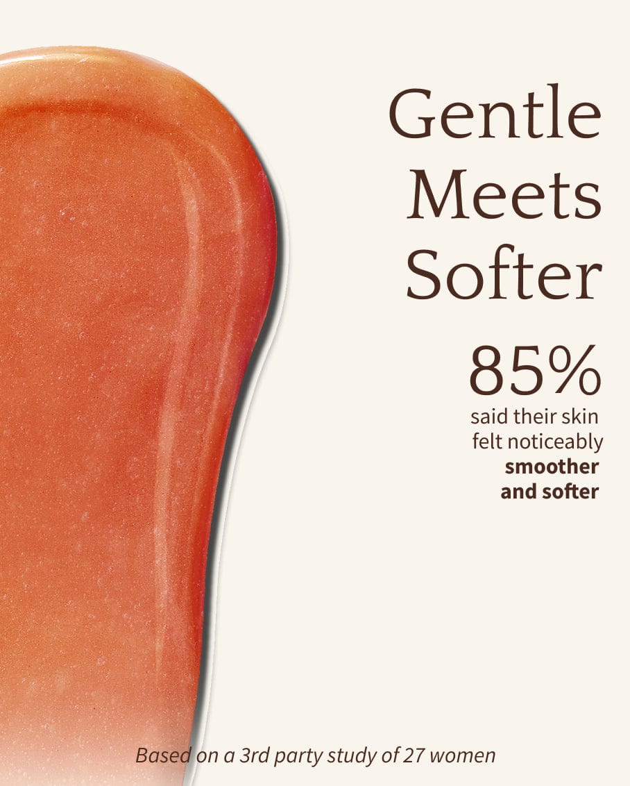 Bambu Earth Papaya Enzyme Exfoliating Mask - Close-up of a smooth skin texture with text about product effectiveness.