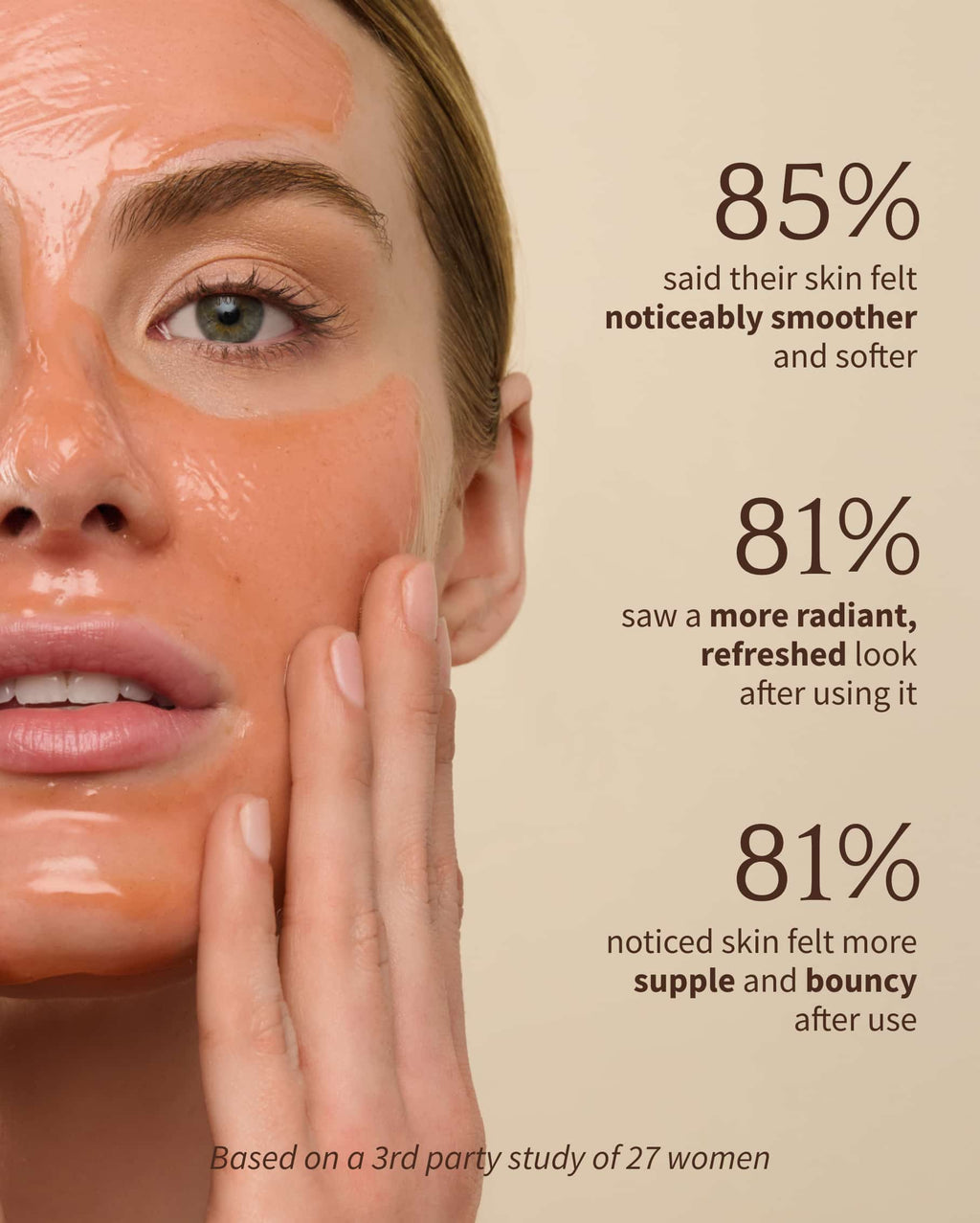 Bambu Earth Papaya Enzyme Exfoliating Mask - Woman applying a skincare product with text showing user feedback on skin