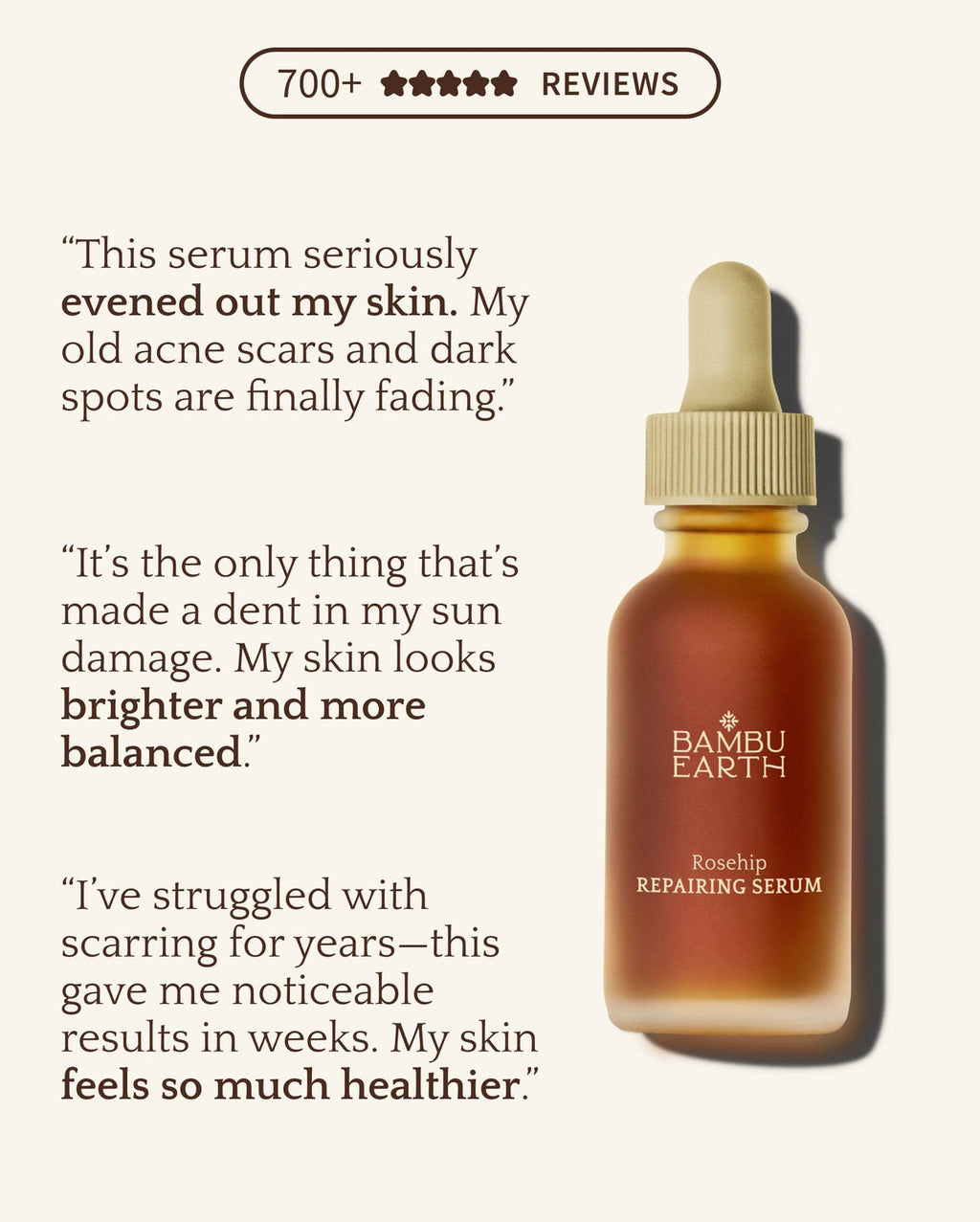 Bambu Earth Rosehip Repairing Facial Serum - Bambu Earth Rosehip Repairing Serum bottle with customer testimonials on a