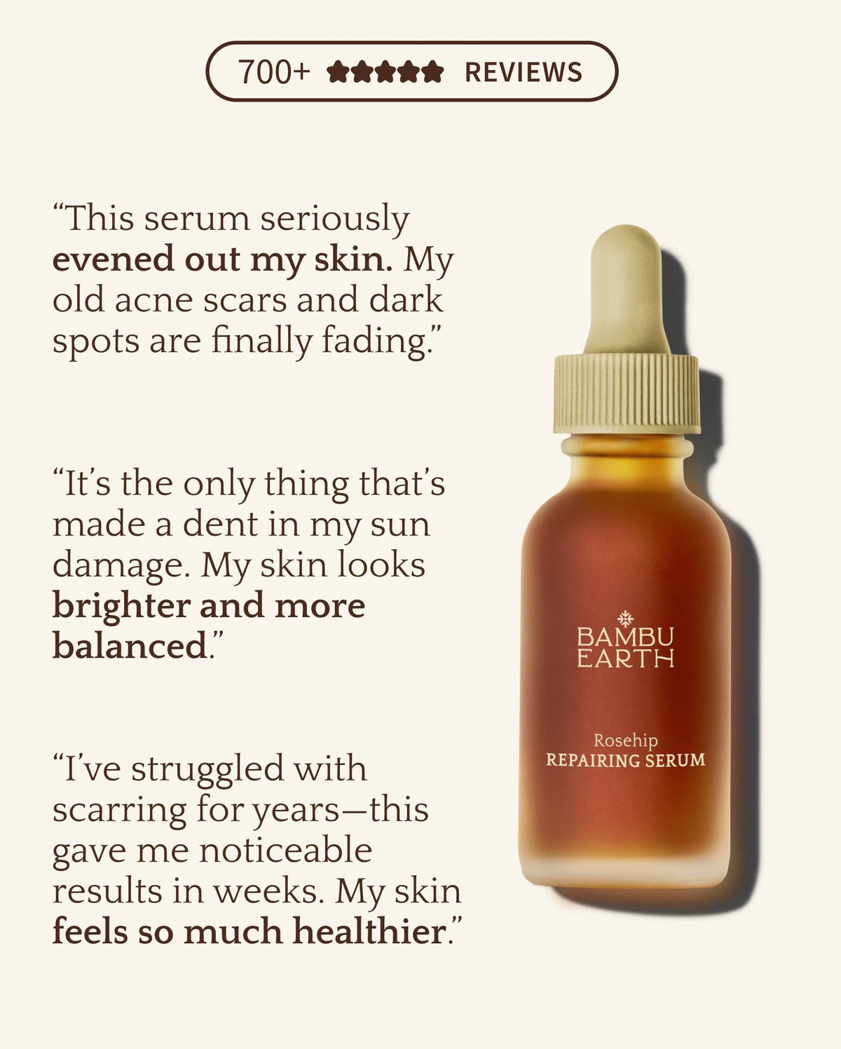 Bambu Earth Rosehip Repairing Facial Serum - Bambu Earth Rosehip Repairing Serum bottle with customer testimonials on a