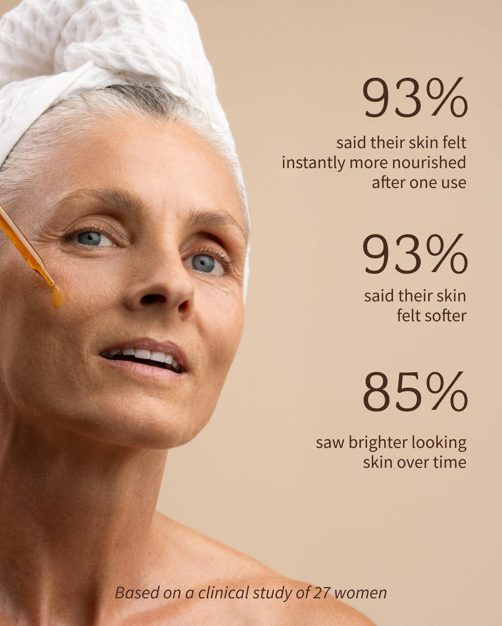Bambu Earth Rosehip Repairing Facial Serum - Woman with a towel on her head, showing skincare results with text statistics