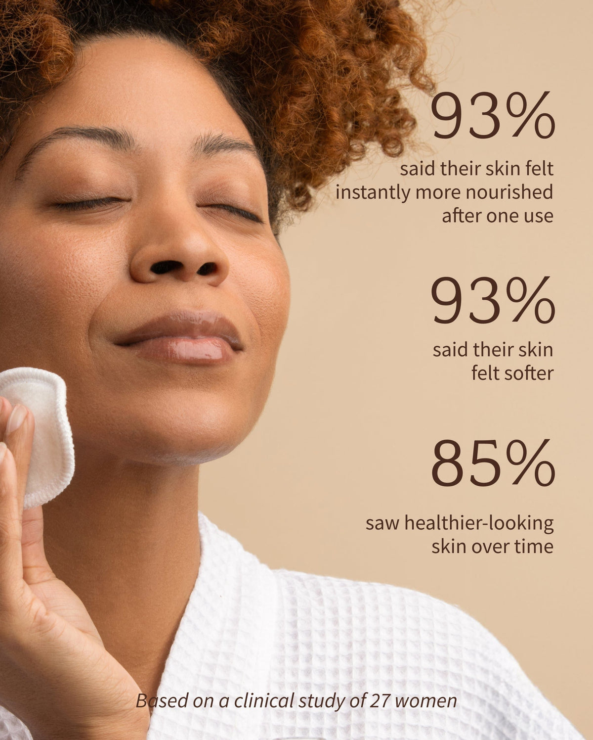 Bambu Earth Rosewater Cleanser - Woman applying skincare product with statistics on skin improvement.