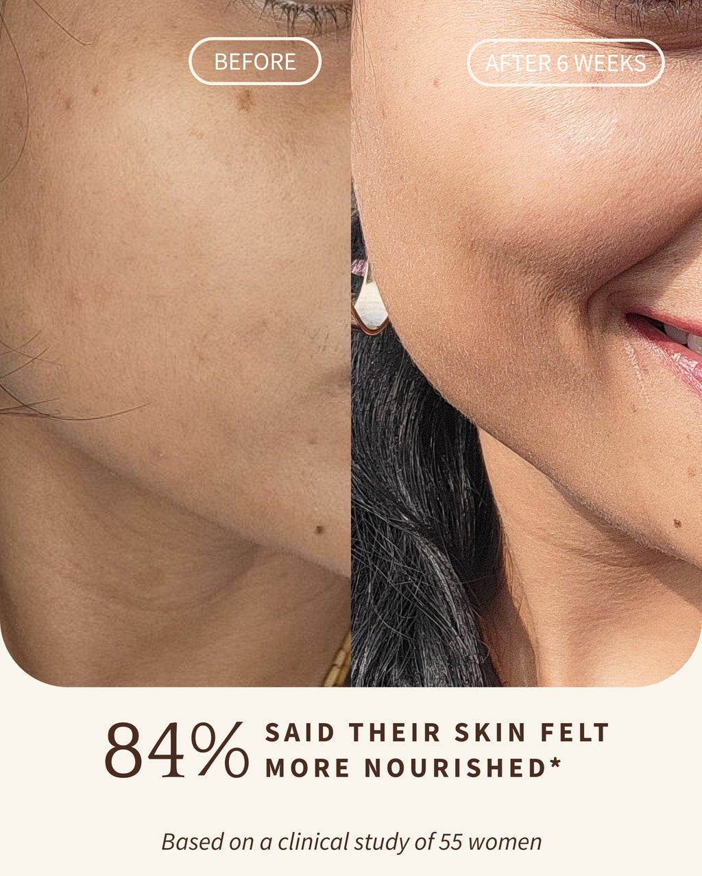 Bambu Earth Snow Mushroom Hydrating Mask - Before and after comparison of skin treatment showing a woman's face with text