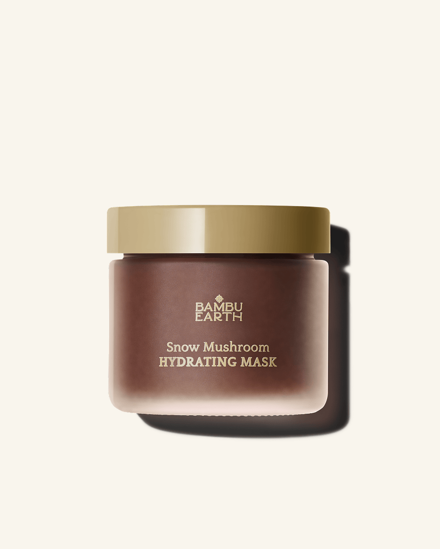 Bambu Earth Snow Mushroom Hydrating Mask - A jar of Bamboo Earth Snow Mushroom Hydrating Mask on a light cream background