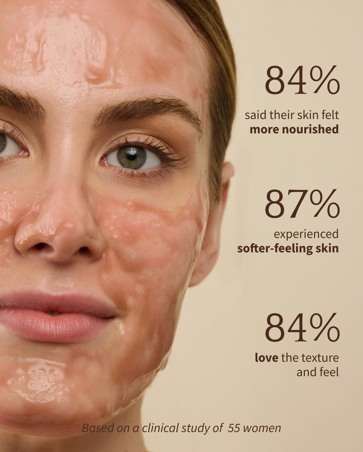Bambu Earth Snow Mushroom Hydrating Mask - Woman's face with skincare product application and statistics about skin