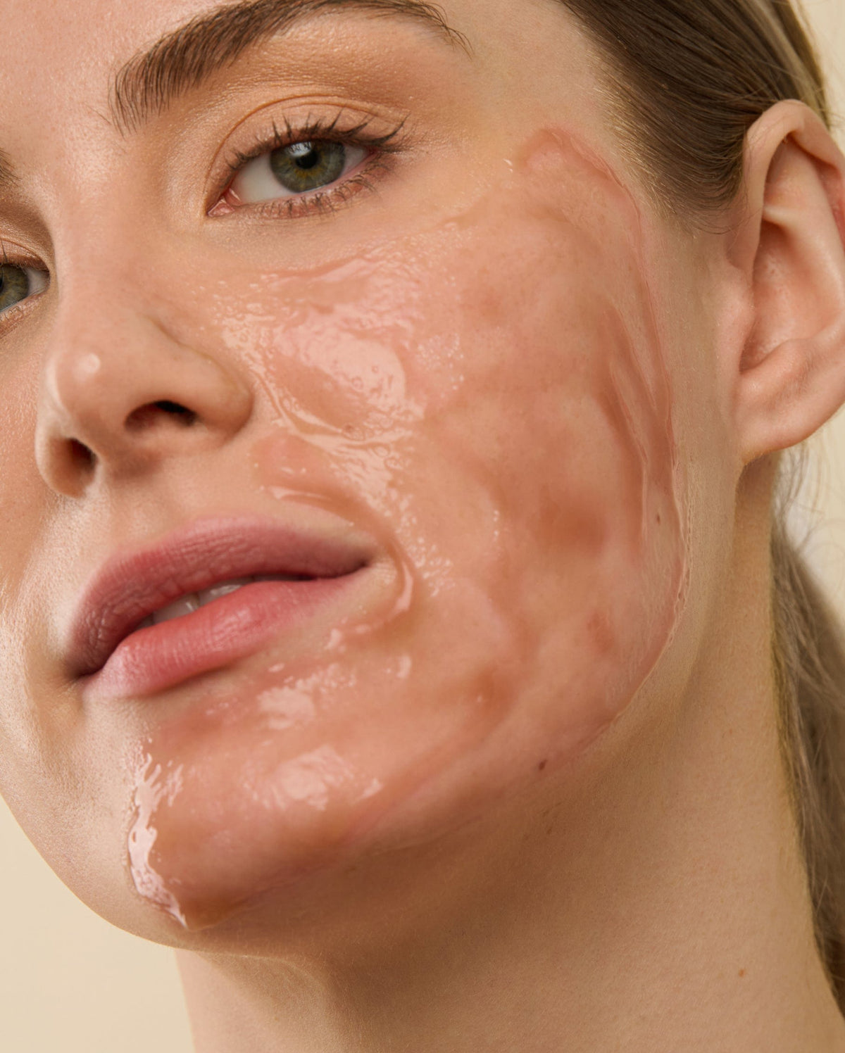 Bambu Earth Snow Mushroom Hydrating Mask - Close-up of a woman's face with visible skin texture and pores.