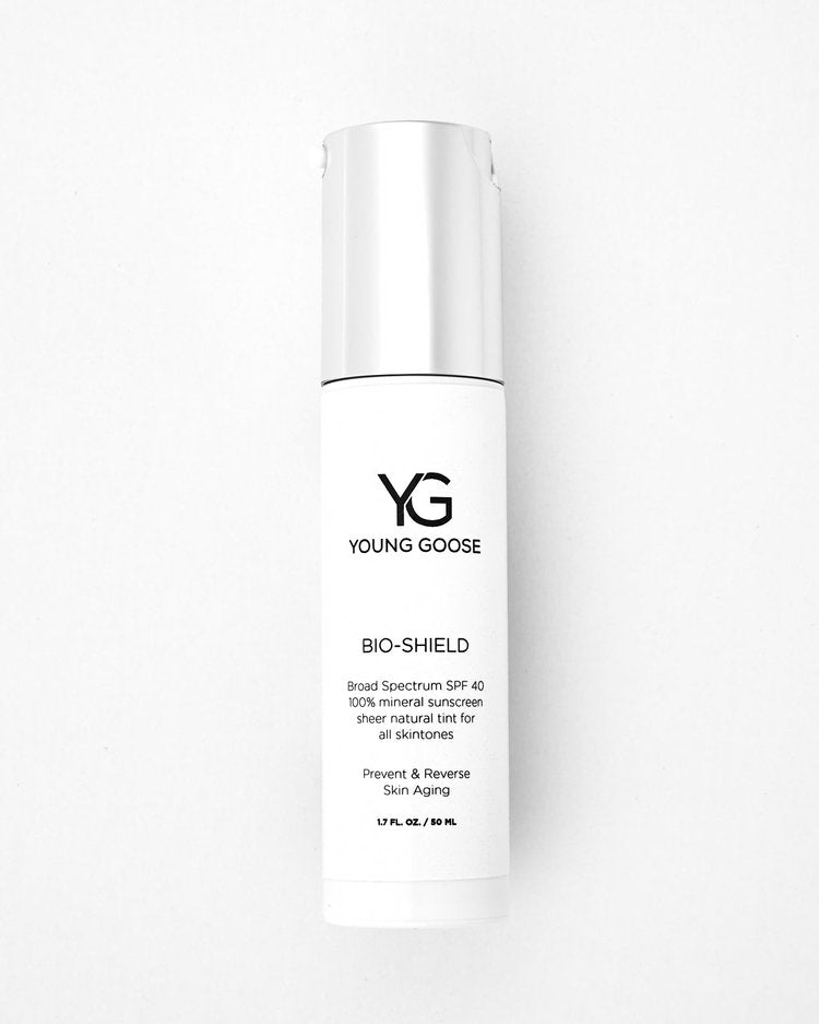 Young Goose Bio-Shield SPF 40 environmental protection sunscreen in a white pump bottle