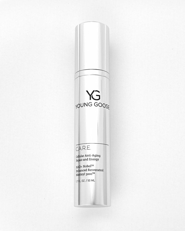 Young Goose C.A.R.E. NAD+ Boosting Moisturizer in a silver pump bottle
